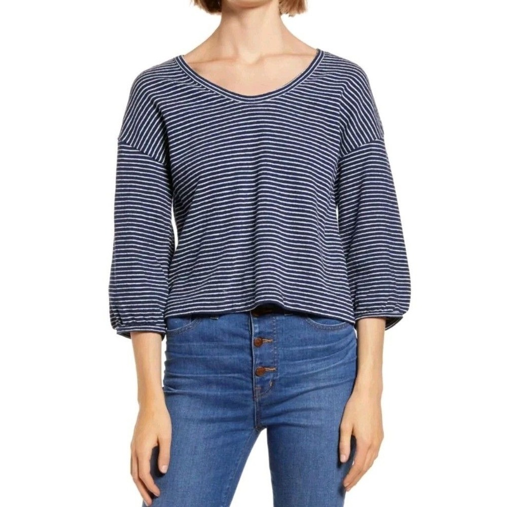 Madewell Striped V Neck 3/4 Sleeve Cropped Top Women Size S Navy White 438